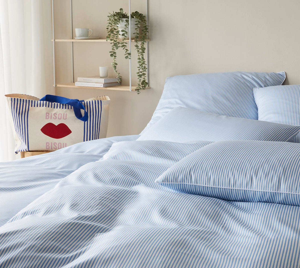Satin Bettwäsche Hamburger Streifen Blau-Weiß und Einkaufstasche Schlafzimmer #farbe_Hamburger Streifen Blau-Weiß
