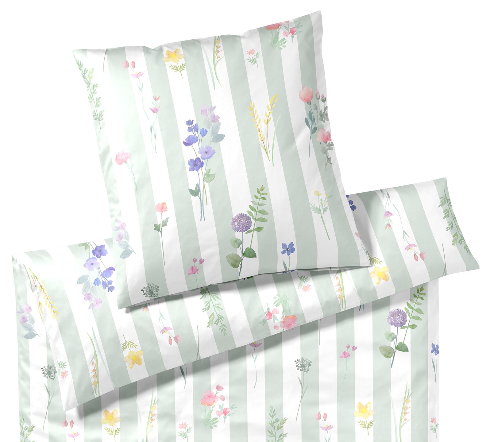 Satin Bettwäsche Flowerstripe in Zartgrün Streifen Blumen Freisteller #farbe_Flowerstripe Zartgrün