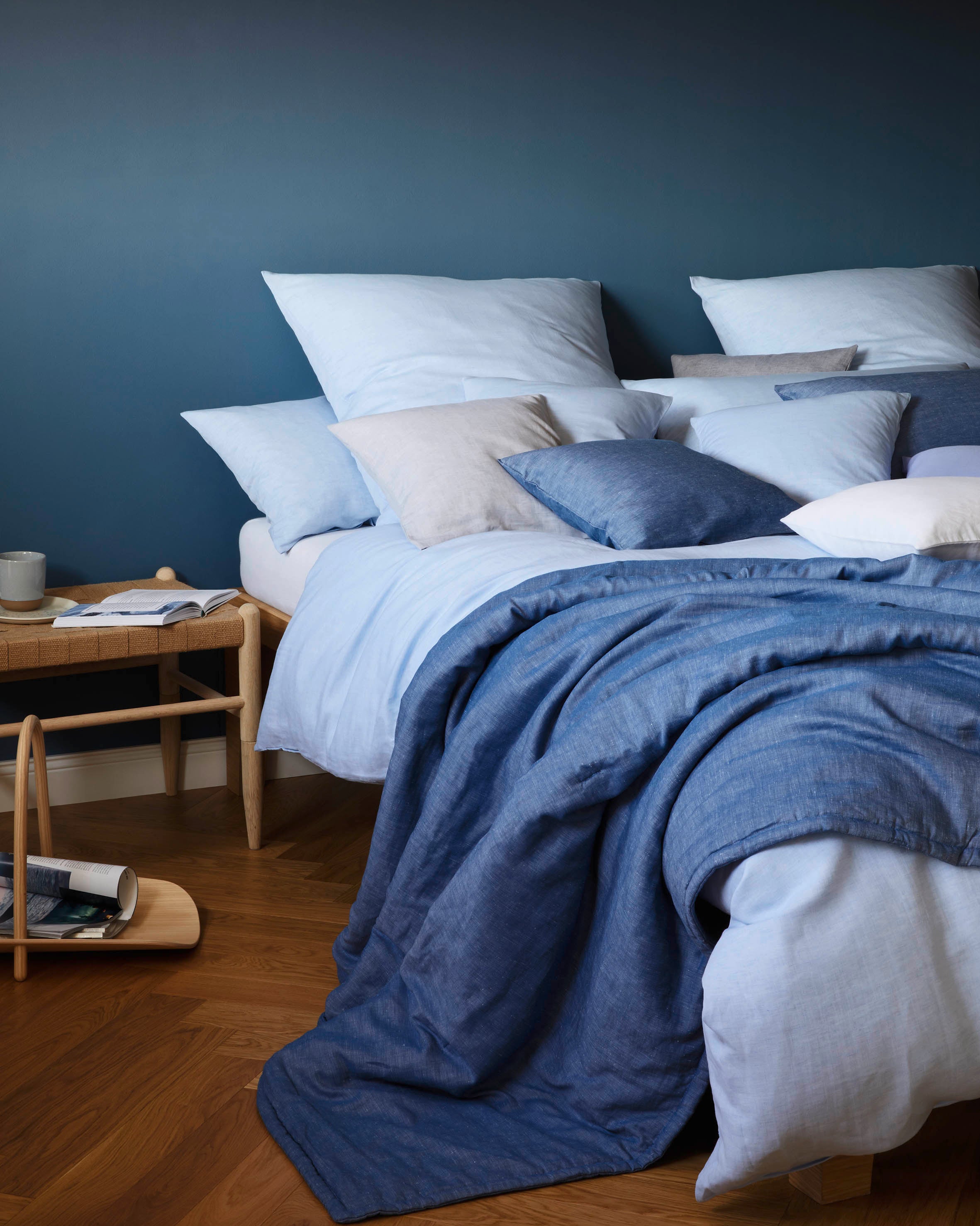 Halbleinen Bettwäsche Plaid Breezee Blau Schlafzimmer