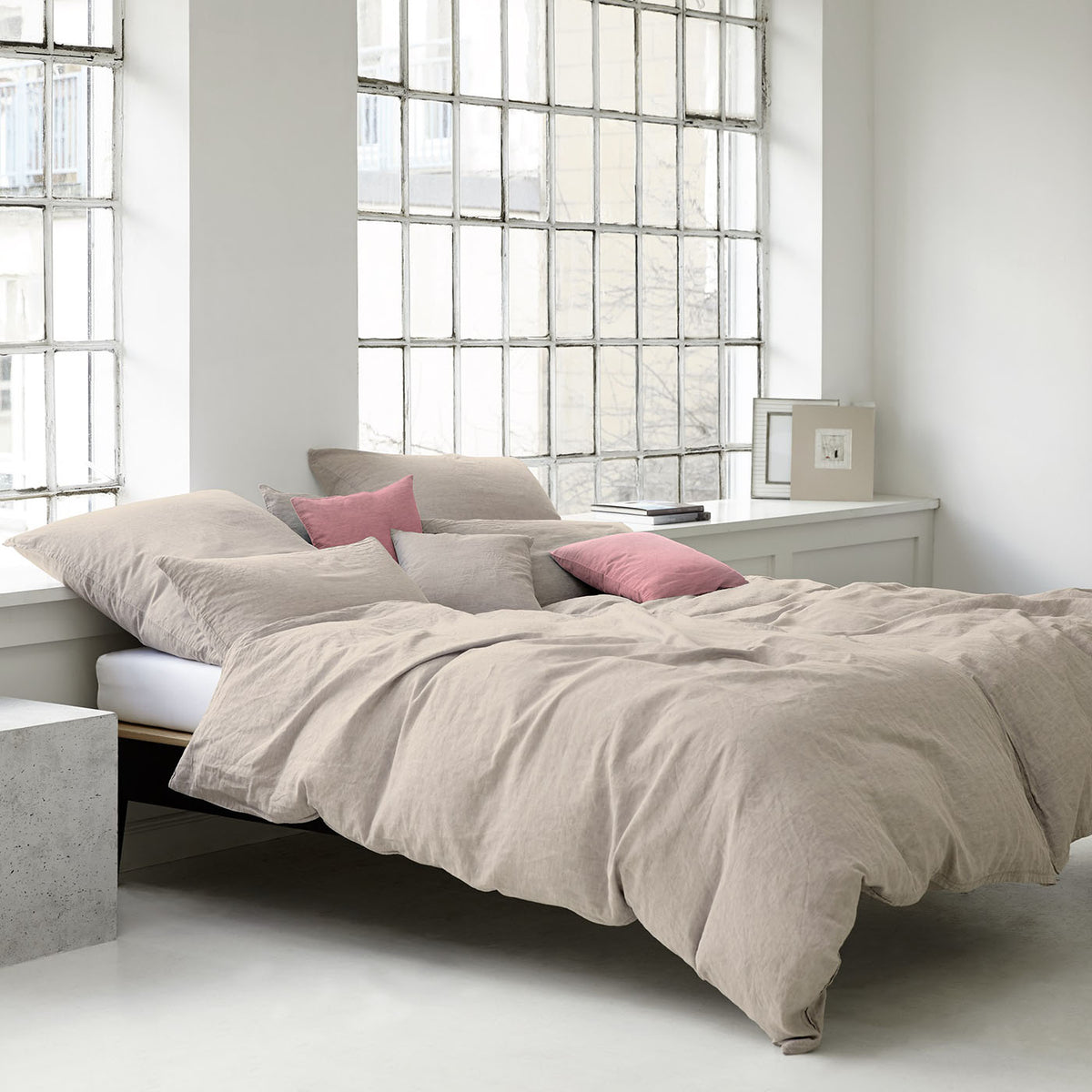 Halbleinen Bettwäsche Breezee Uni Beige Rosa Kissen Schlafzimmer