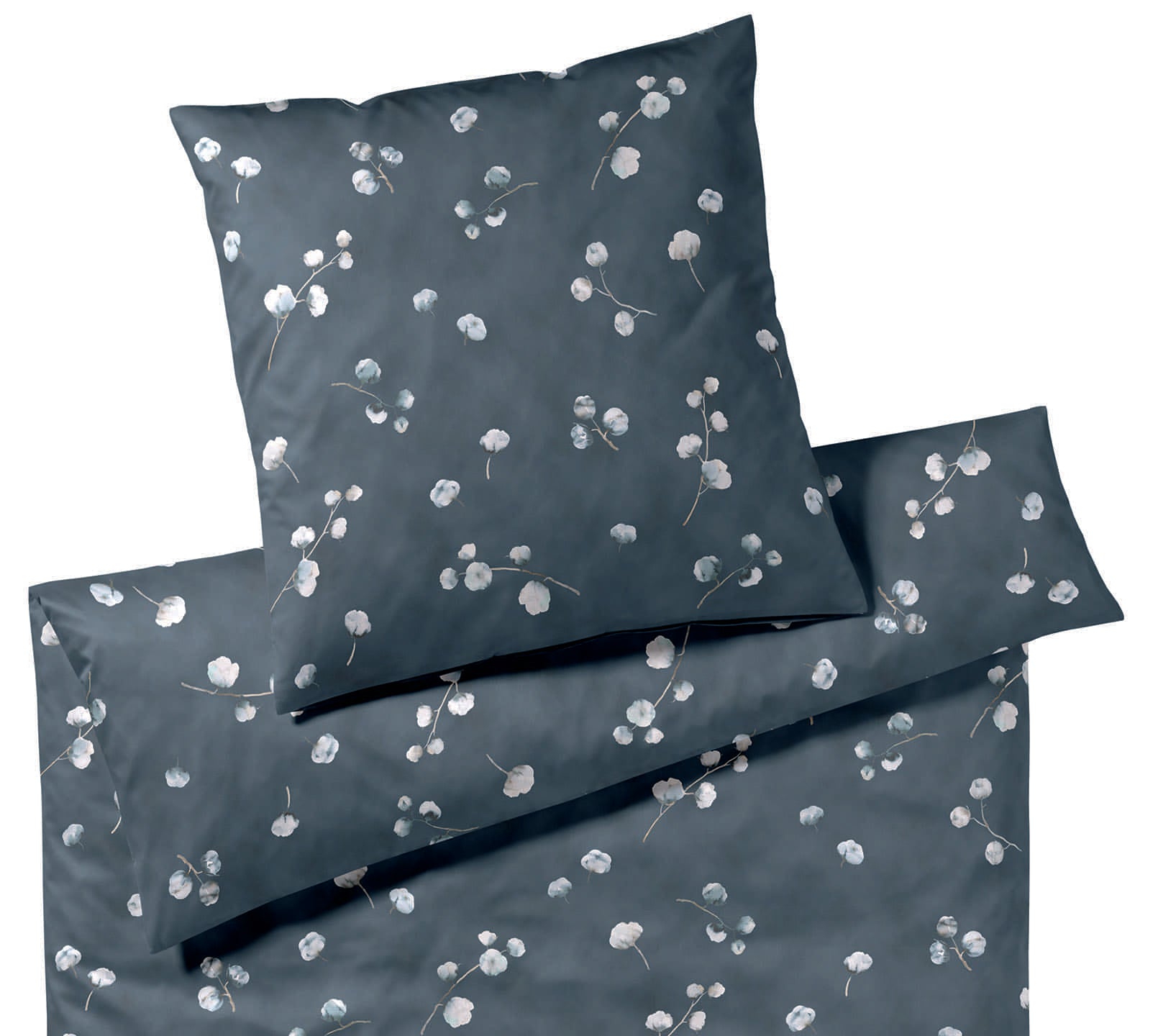 GOTS Bio Baumwolle Satin Bettwäsche Cotton Flower Dunkelblau Blüten Freisteller #farbe_Cotton Flower Dunkelblau