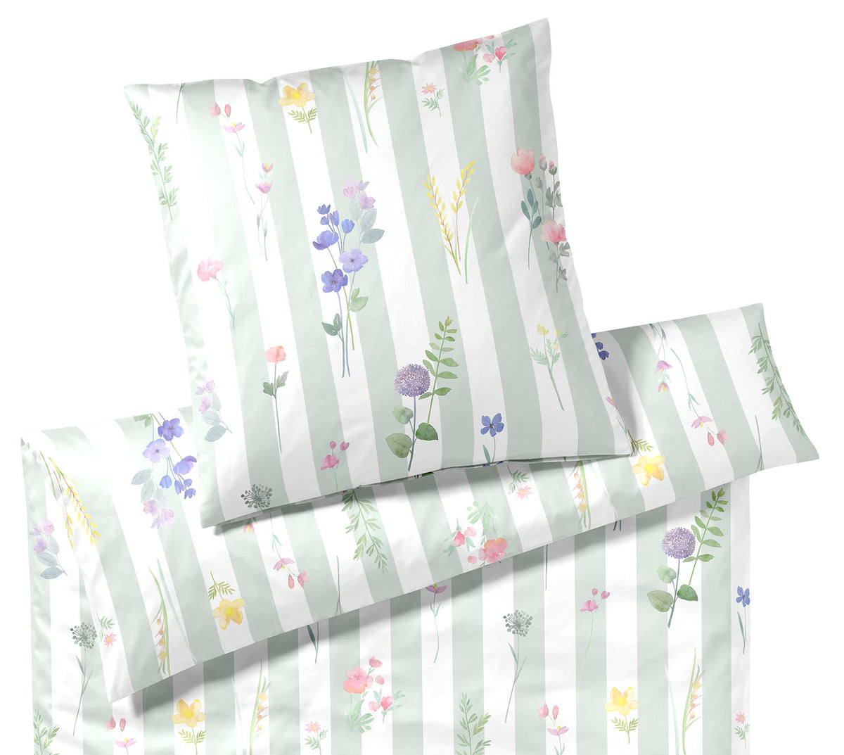 Satin Bettwäsche Flowerstripe in Zartgrün Streifen Blumen Freisteller #farbe_Flowerstripe Zartgrün