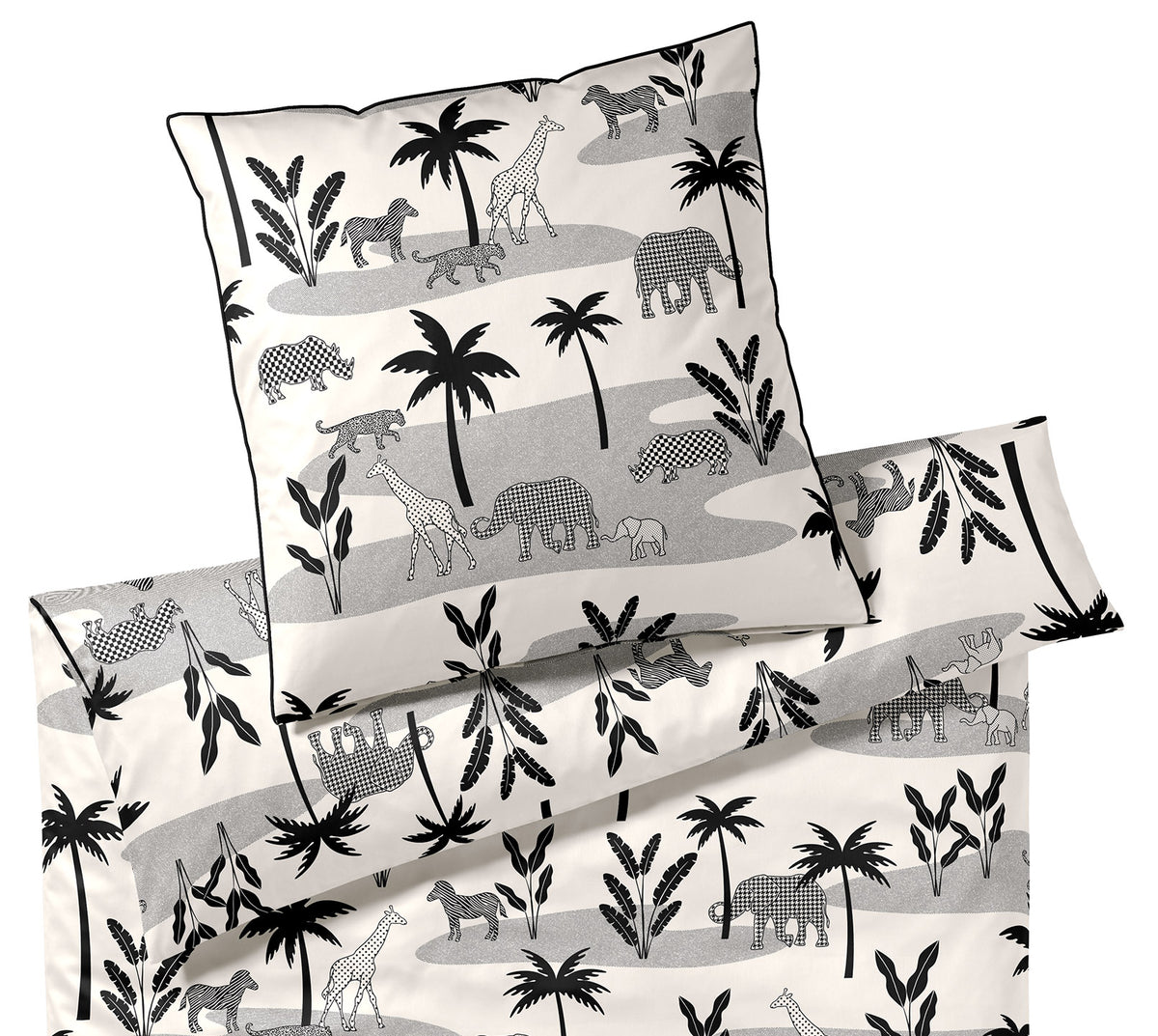 Satin Bettwäsche Jungle Graphic in Schwarz-Sand Dschungeltiere Freisteller #farbe_Schwarz-Sand