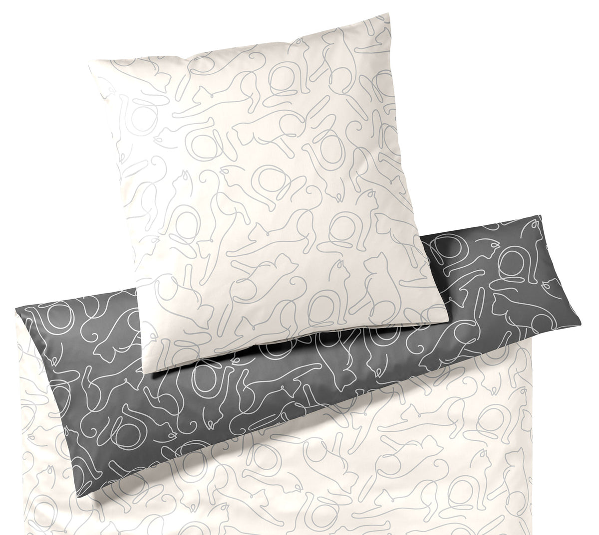 Satin Wende-Bettwäsche Cats in Creme-Grau Katzenmotiv Freisteller #farbe_Creme-Grau