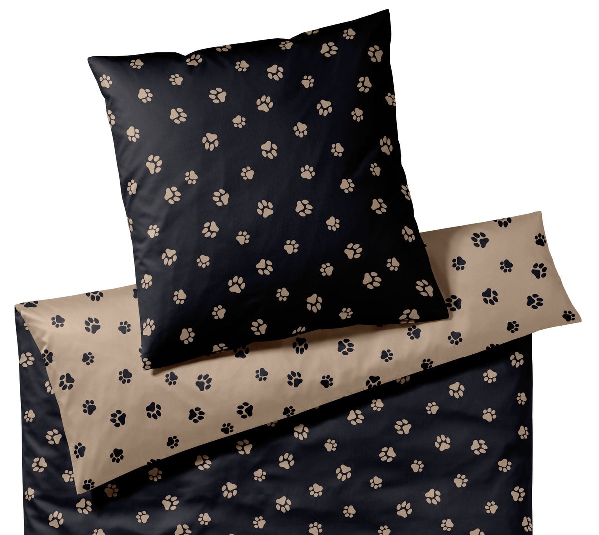 Satin Wende-Bettwäsche Paws in Schwarz-Beige Hundepfoten Freisteller #farbe_Schwarz-Beige