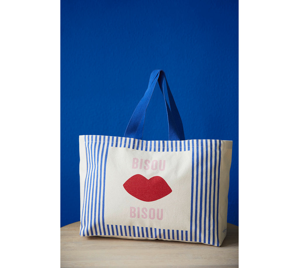 Stoffbeutel Baumwolle Bisou-Kussmund Blau Rot Tasche