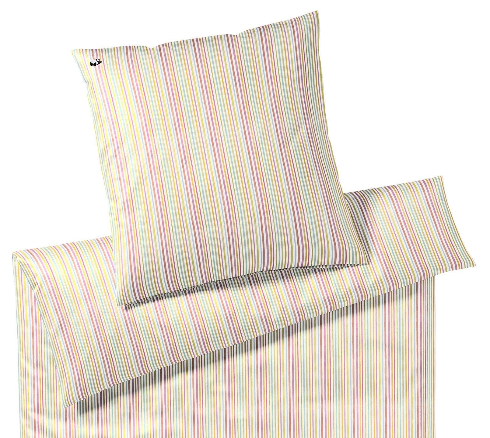 Mako-Batist Regenbogen Kinderbettwäsche Lucky Stripe in Regenbogen Streifen Pandabärstickmotiv Freisteller #farbe_Lucky Stripe Rainbow