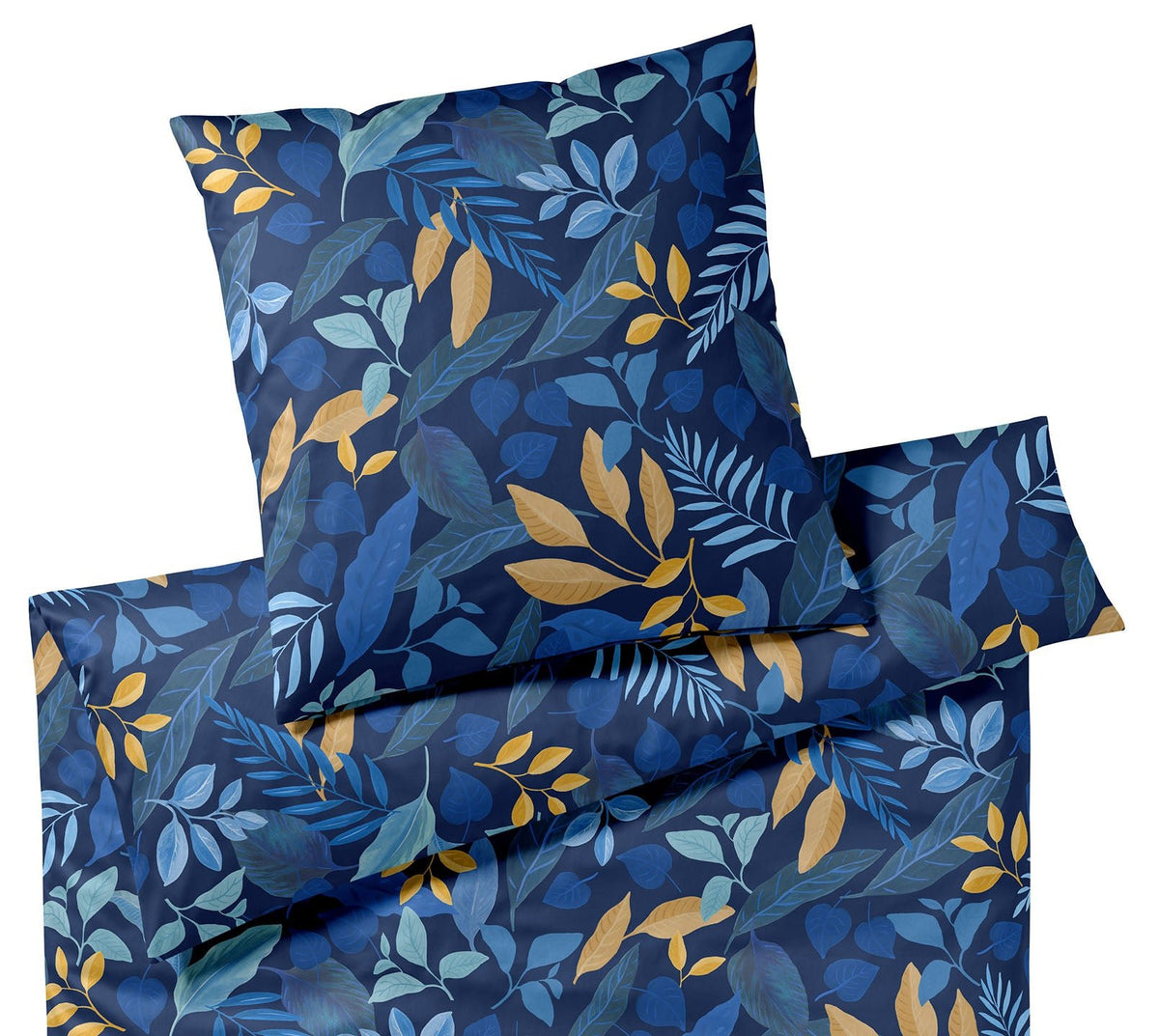 Seiden Satin Bettwäsche Phantasy in Blau Blätter Freisteller #farbe_Phantasy Nachtblau Camel
